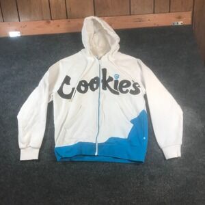 Cookies Hoodie Unisex Medium White Blue Cotton Fleece Kangaroo Pocket Full Zip